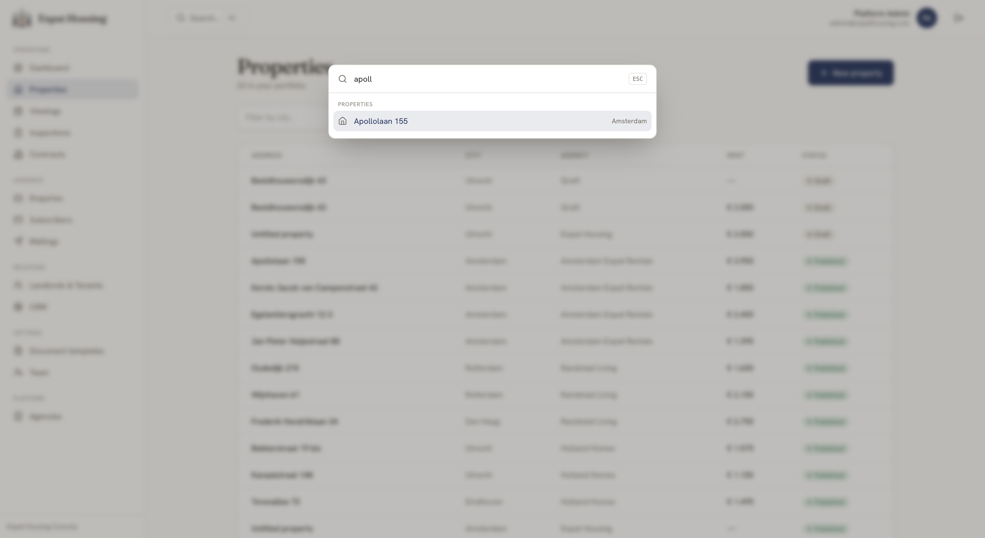 The command palette searching properties and offering navigation + create actions