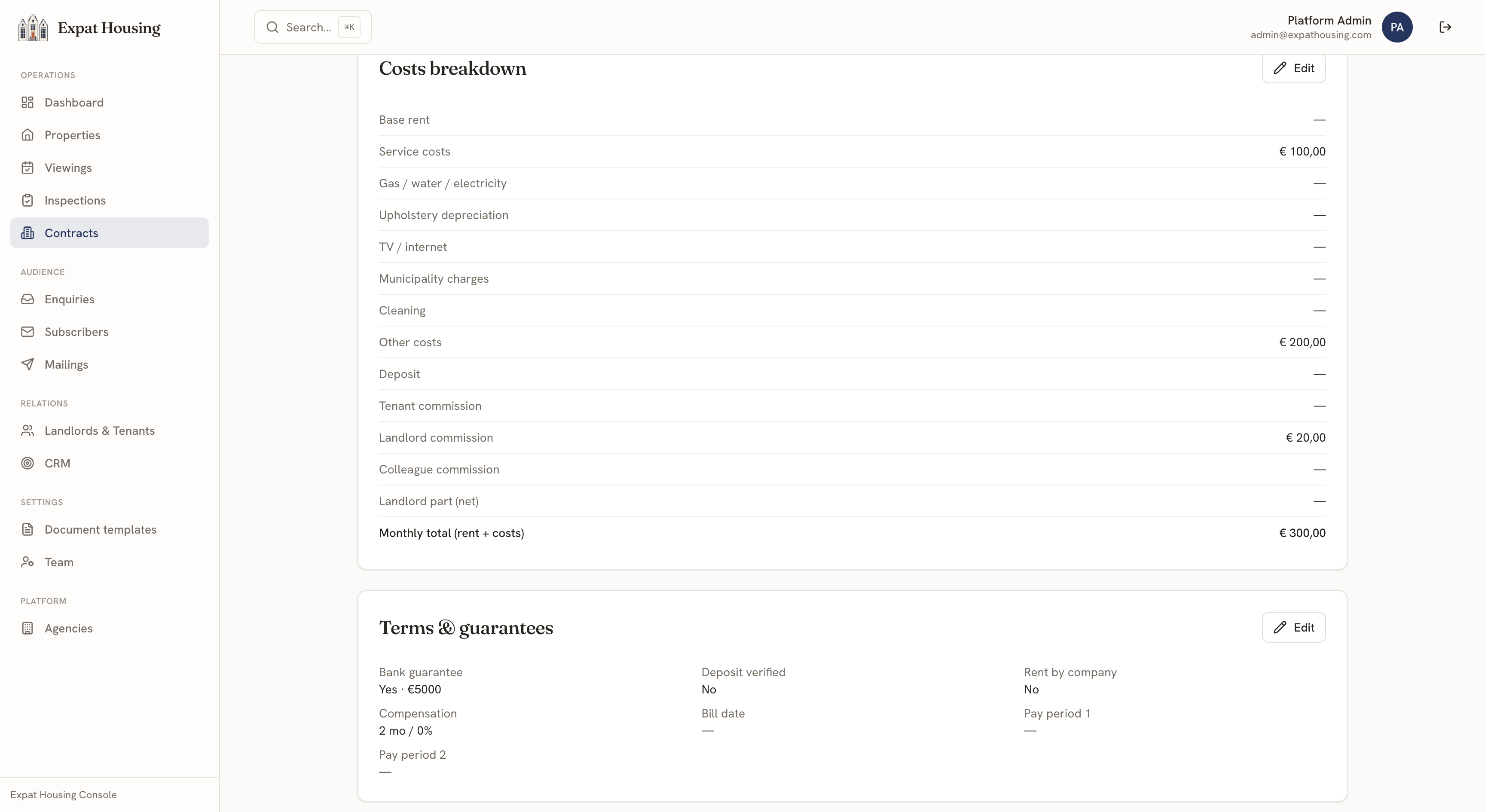 The contract Costs breakdown card with itemised lines and commissions