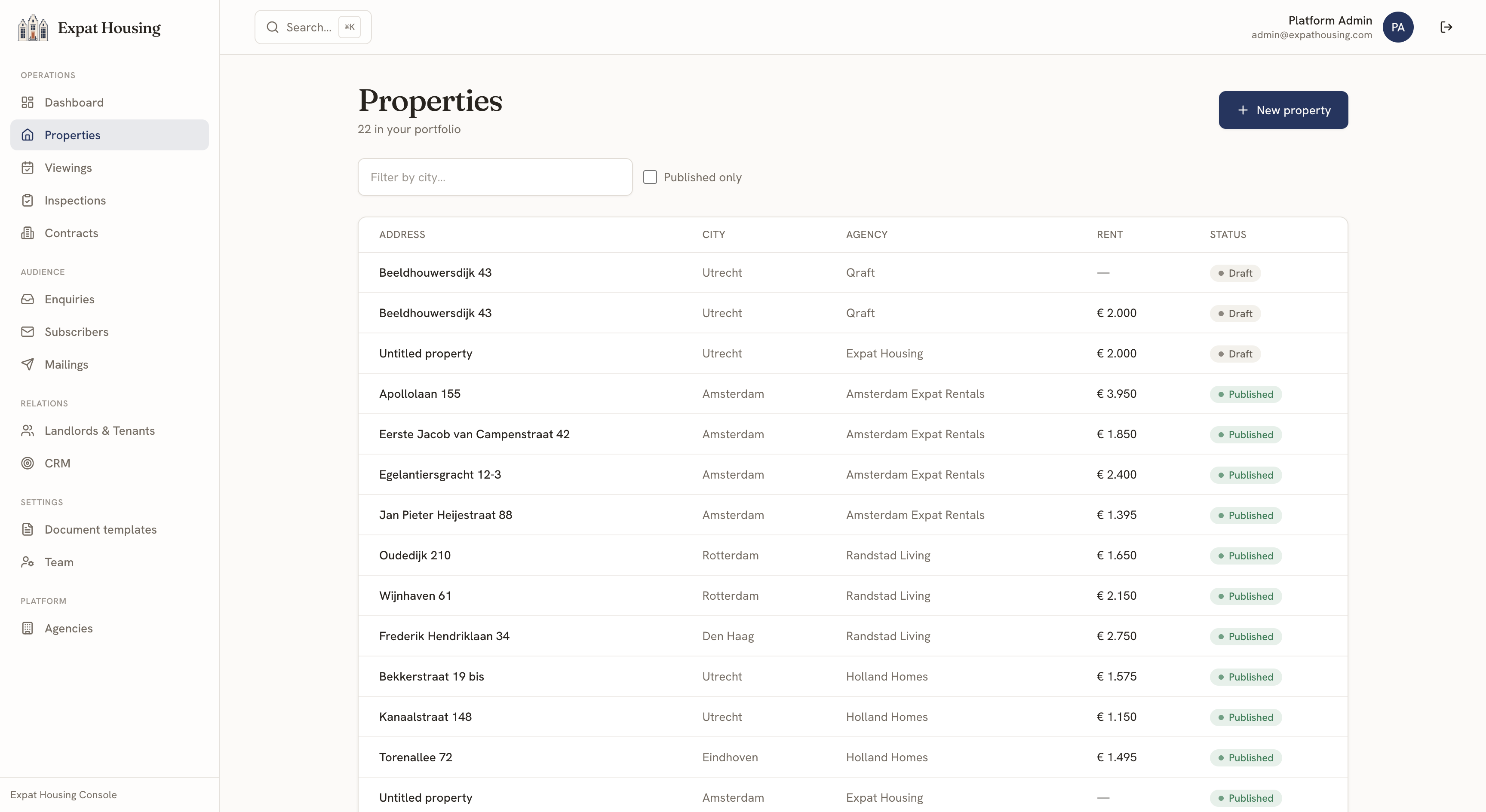The Properties list, showing address, city, owning agency, rent and status